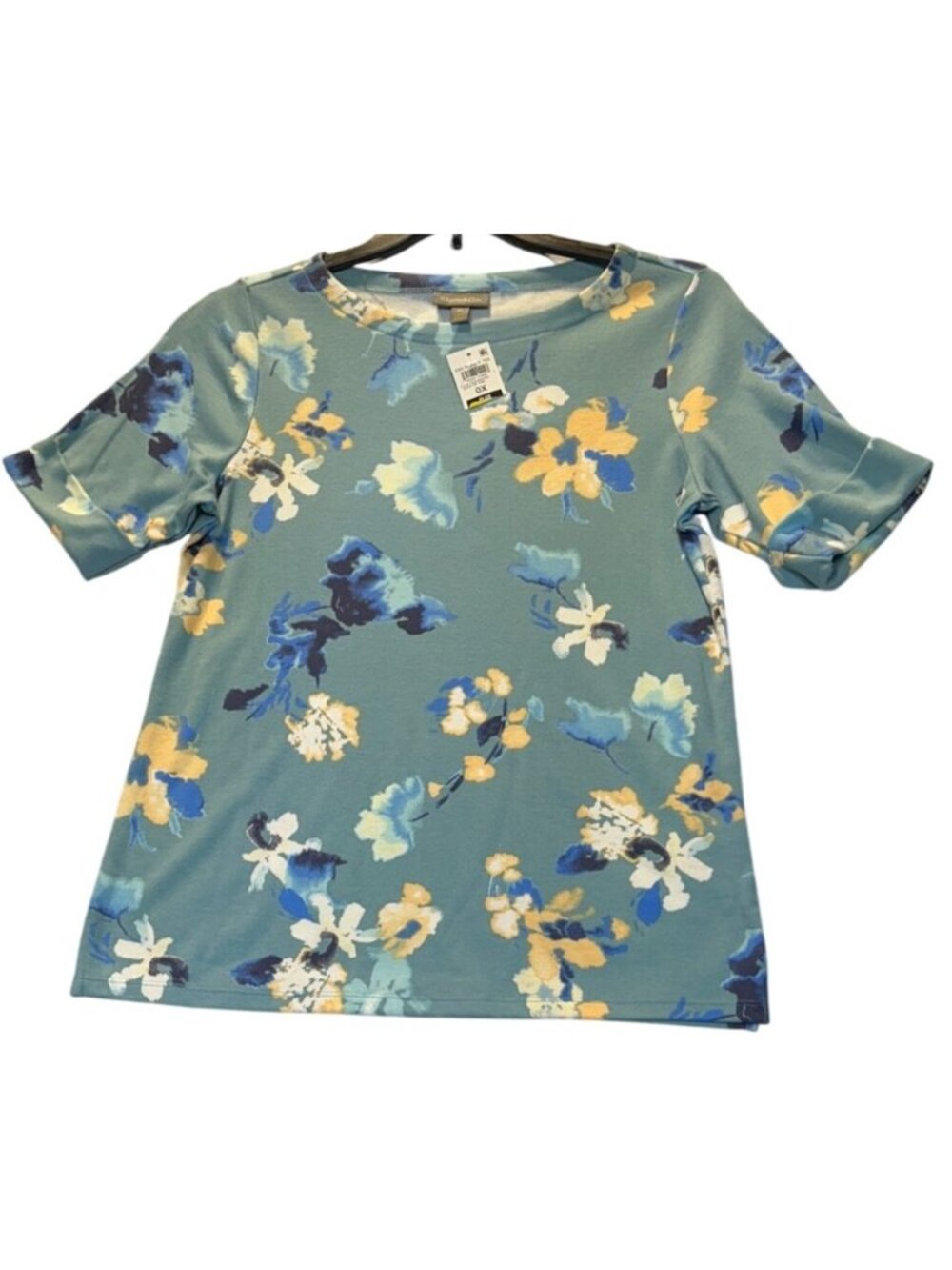 Style & Co Womens Plus Size 0X Floral Print Elbow Sleeve Top  Blue & Yellow